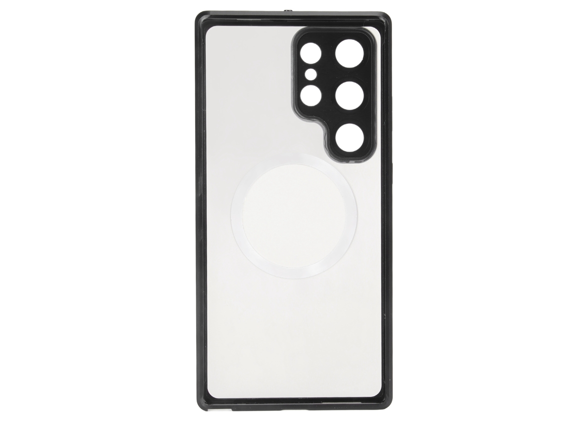 Capa Magnética Para S23 Ultra Metal Acrílico Transparente Antichoque Proteção Total Com Fivela Elástica Preta