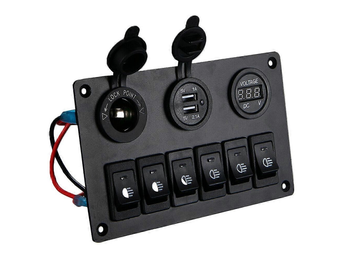 Panel de interruptores de 6 vías con voltímetro, LED y cargador USB de 12V-24V para autocaravanas y camiones.