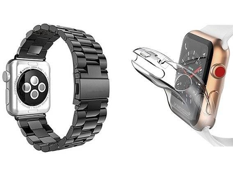 Kit Correa Acero Stainless, y Funda 360° APPLE Watch Series 7 - 45mm PHONECARE Negro Transparente