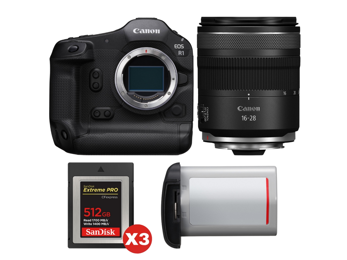 Canon EOS R1 + RF 16 28mm F/2.8 IS Stm + 3 Sandisk 512GB Extreme Pro CFExpress Tipo B + Canon LP e19 + Libro electrónico “20 consejos para fotos impresionantes”