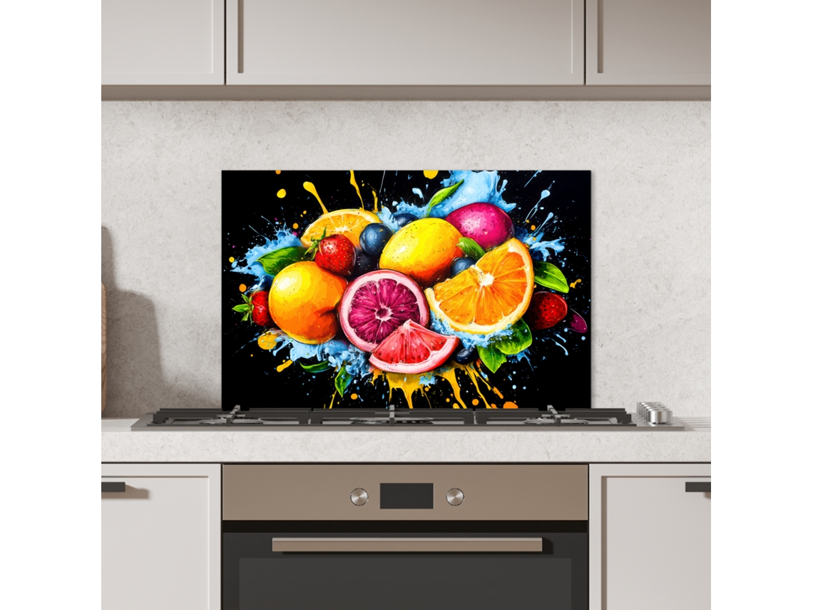 Panel antisalpicaduras para cocina - Frutas - Graffiti - Colorido - Naranja - Fresa - Abstracto 60x40 cm