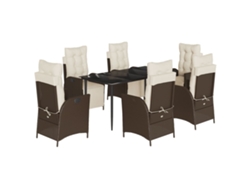Juego de 7 piezas de comedor de jardín con cojines de mimbre, patas marrones, EXCLUSIVA MAISON