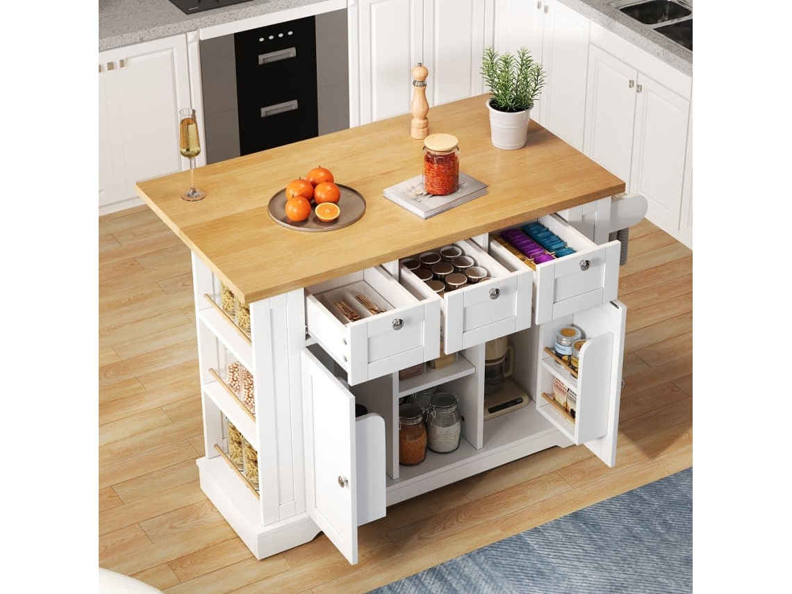 Mesa Cocina Móvil 132 Cm - Plegable, 5 Ruedas, Enchufe Integrado - Blanco+natural