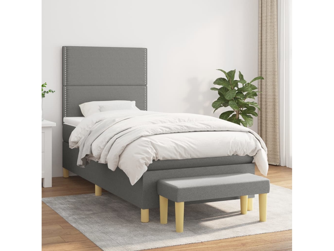 Cama Box Spring Con Colchón Tela Gris Oscuro 90x200 Cm