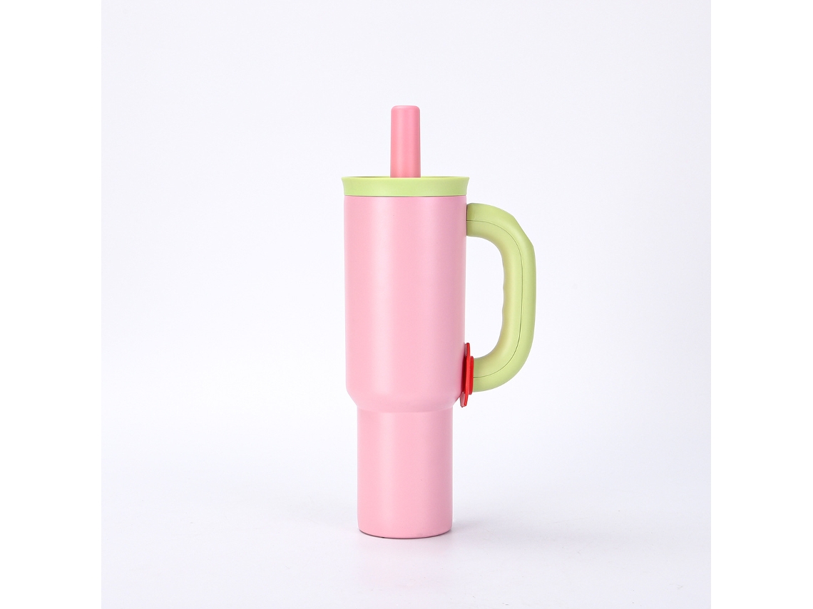 Vaso de hielo rosa de 40 oz, fabricado en acero inoxidable 304, estilo Dopamina, con asa y pajita, portátil para viajes y coche.