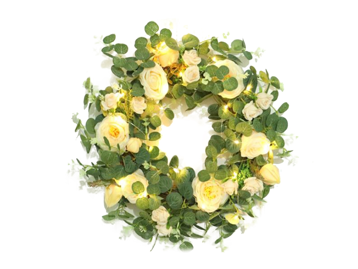 Corona de camelia y eucalipto con luces para decoración (pilas AA no incluidas)