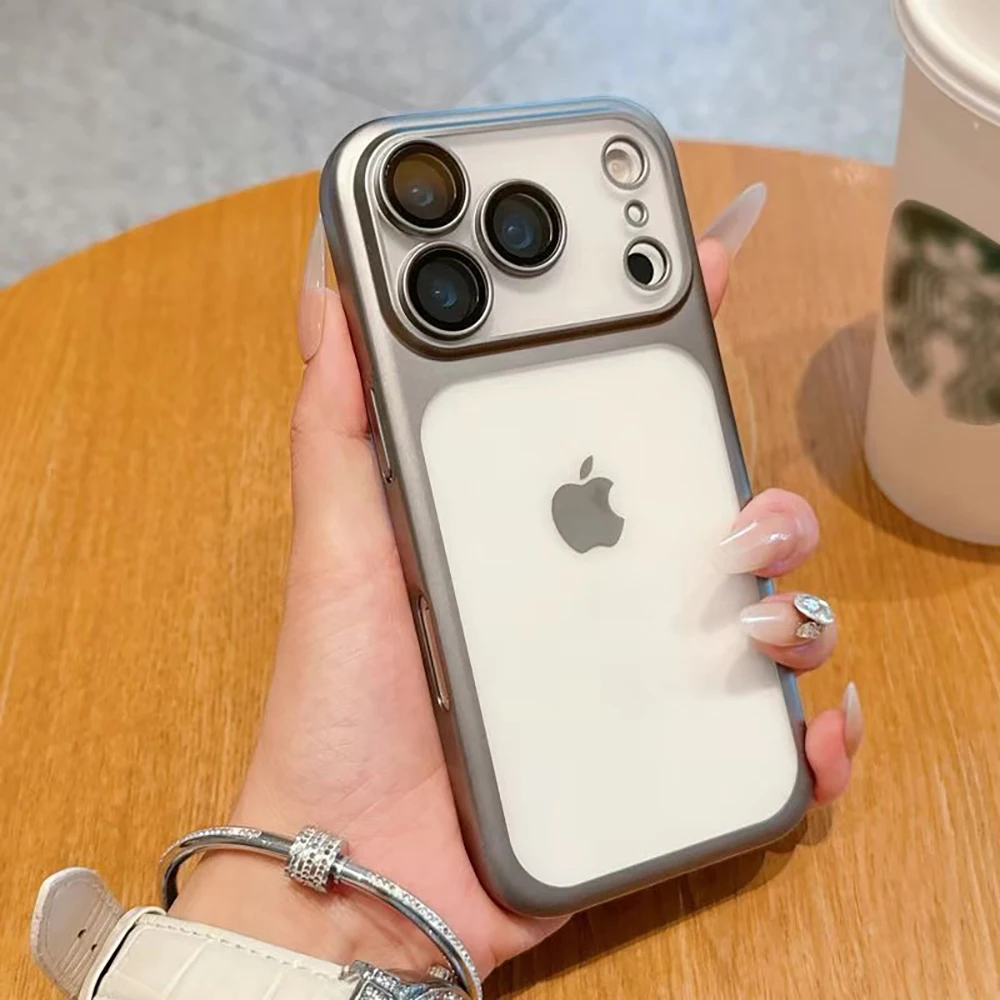 (iphone 17 Pro Gris) Funda Transparente Esmerilada Con Marco Galvanizado Para Iphone, Protector De Lente A Prueba De Golpes