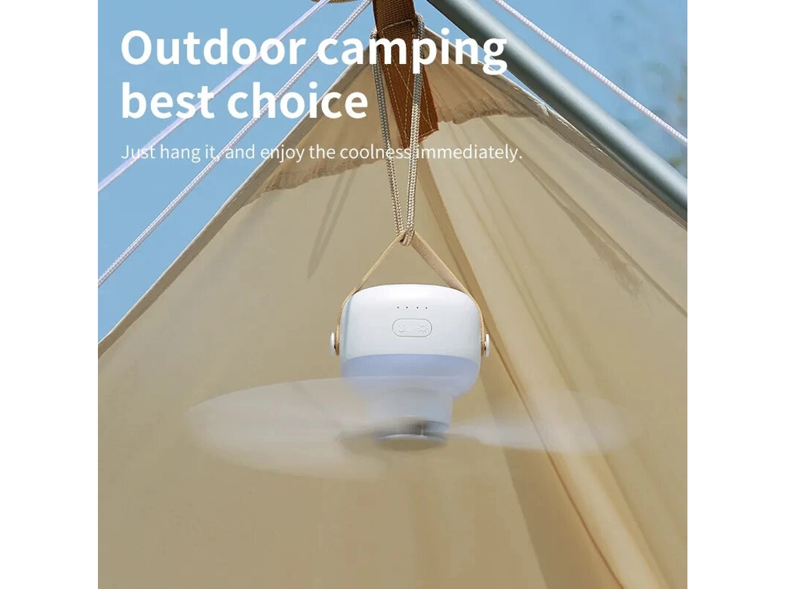 Ventilador de techo portátil blanco Tevorex, 7200 mAh, ventilador para acampar al aire libre de 7200 mAh con control remoto e iluminación LED.