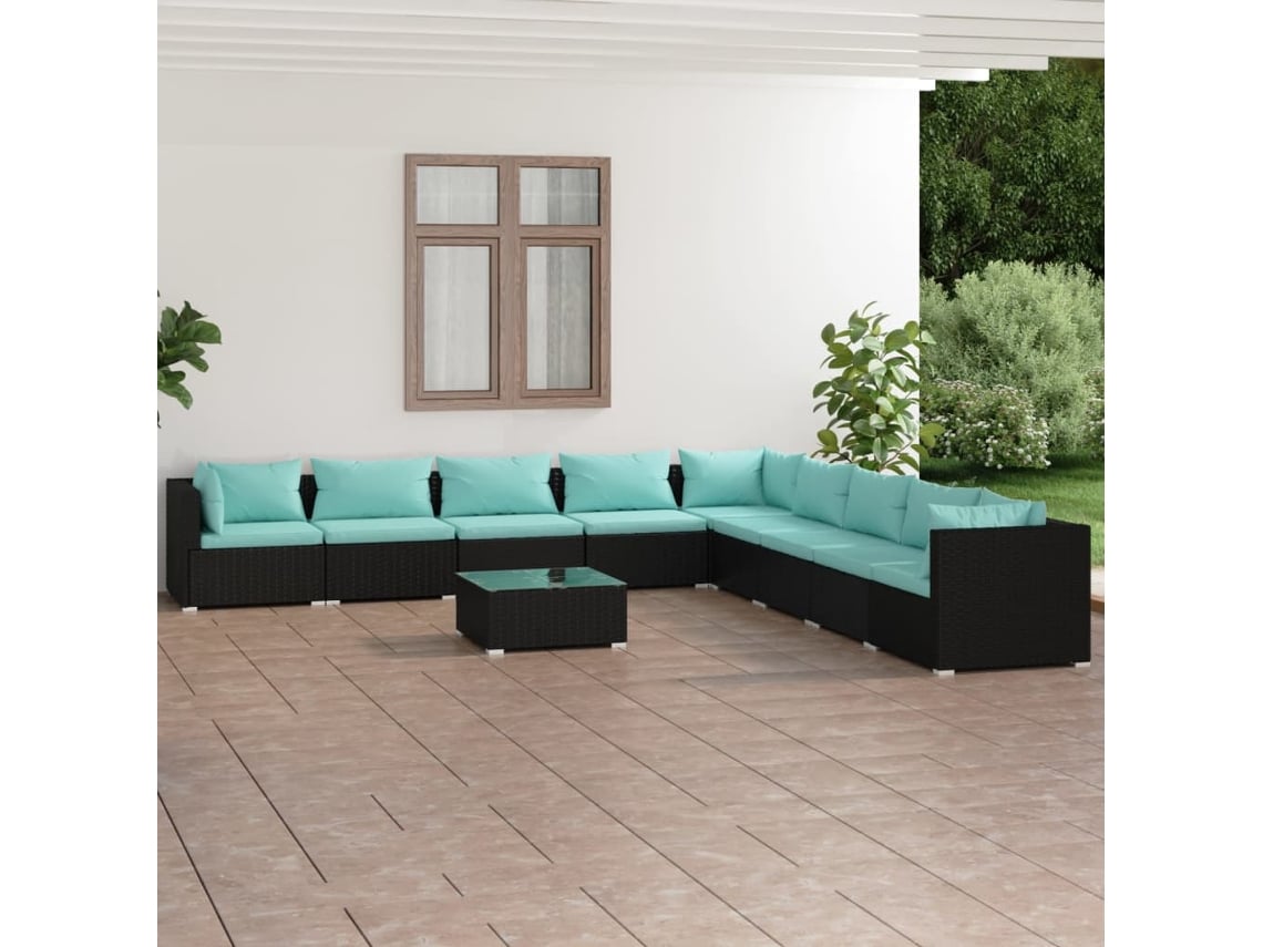 Conjunto de jardín de 10 piezas con cojines en mimbre sintético negro de DKD Home Decor