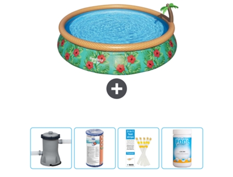 Piscina Hinchable Redonda Fast Set BESTWAY - Estampado Paraíso - 457 x 84 cm - Bomba Incluida Filtrar - Tiras de prueba - Cloro