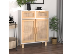Aparador Madera Maciza Pino Y Ratán Natural Blanco 60x30x75 Cm