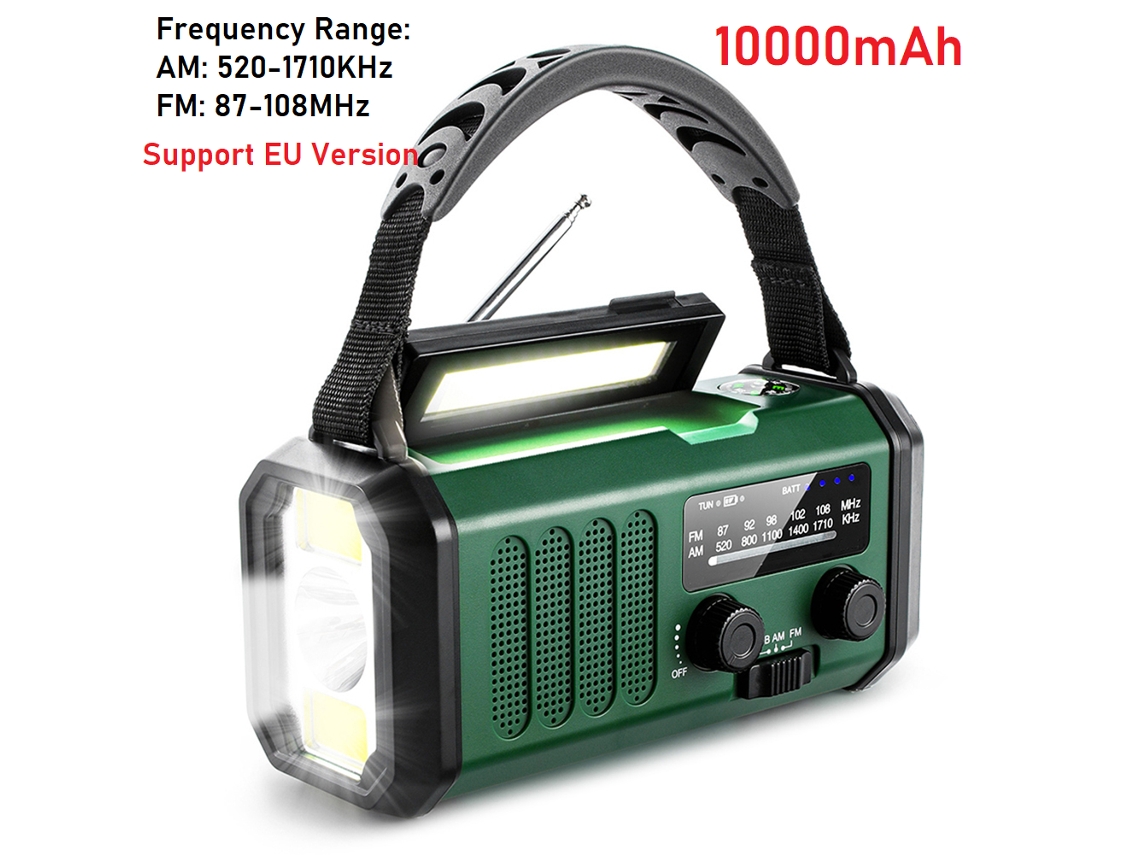 Radio de emergencia portátil Viewleaf de 12000 mAh con manivela solar, FM/AM, linterna LED, luz de lectura, alarma SOS, ideal para exteriores.