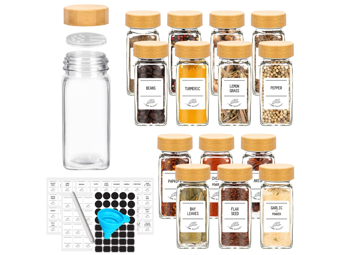 Juego de 12 tarros de especias de vidrio con tapas de bambú MDUG