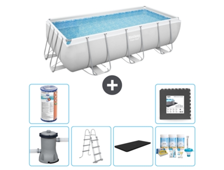 Piscina BESTWAY Rectangular Power Steel - 404 x 201 x 100 - Gris - Incluida bomba - Escalera Cubrir - Paquete de mantenimiento - Filtrar - Baldosas