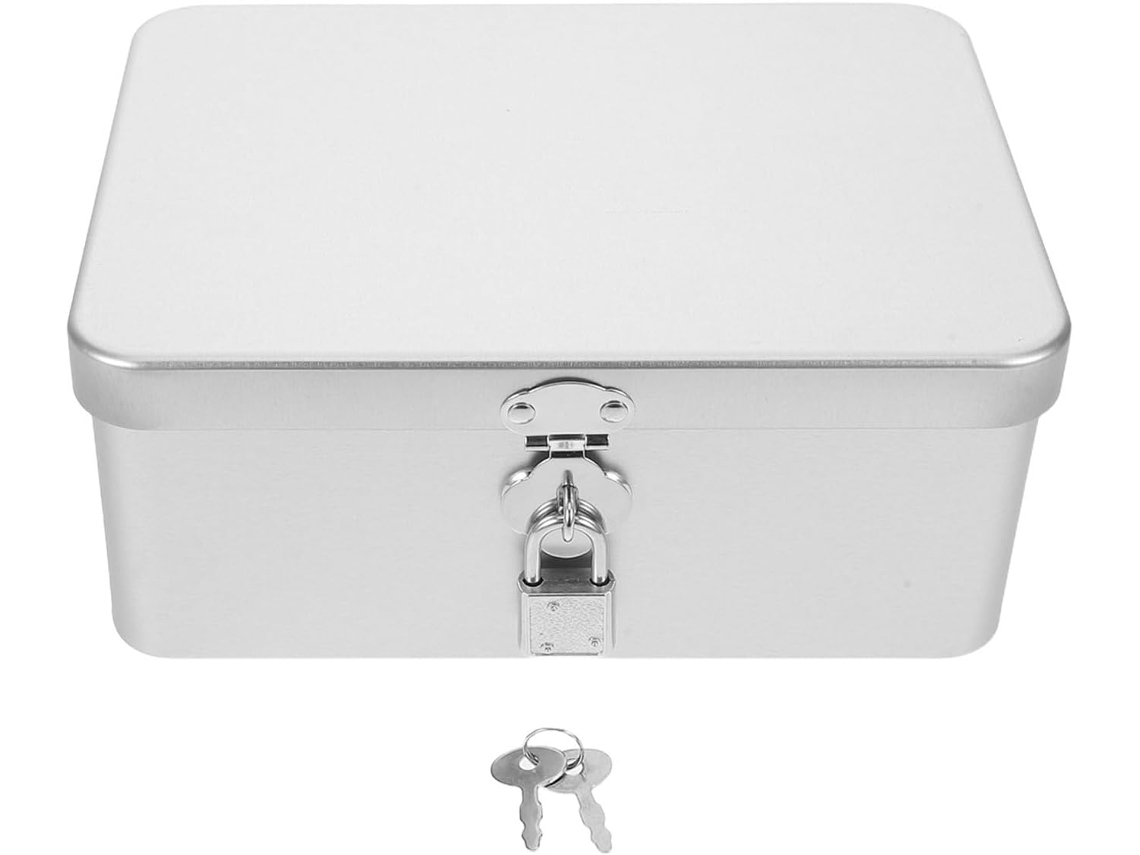 Almacenamiento Hojalata Cerradura Llave Pequeña Rectangular Metal Plateado Objetos Valor Organizador Seguro