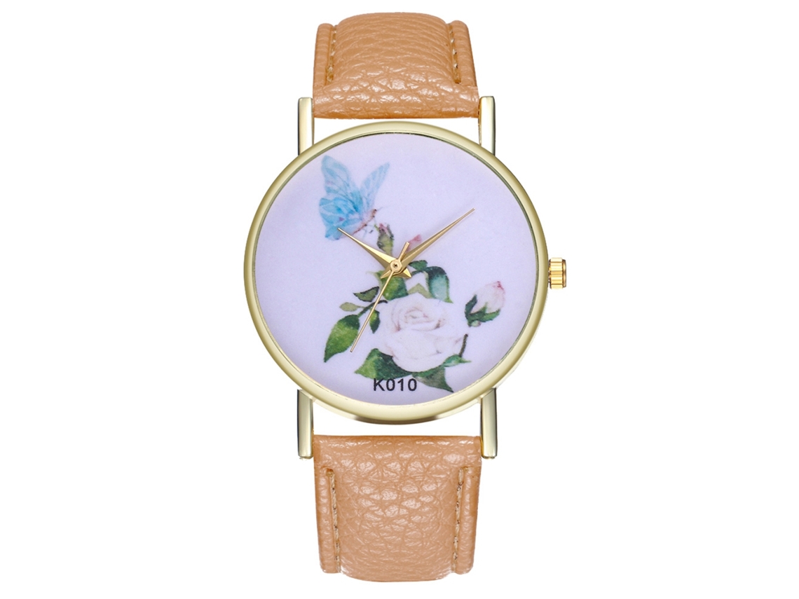 Reloj De Cuarzo Unisex Con Correa De Cuero Pu, Dial Floral Simple Zhoulianfa (beige)