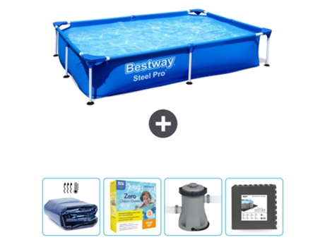 Piscina BESTWAY Rectangular Steel Pro - 221 x 150 x 43 cm - Azul - Incluida Vela solar - Paquete de mantenimiento - Bomba - Baldosas