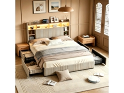 Cama Con Espacio De Almacenamiento 140 X 200-cama Doble Con Led-para 2 Personas-toma Usb/tipo C Multifunción-cama Tapizada En Lino-colchón No Incluido