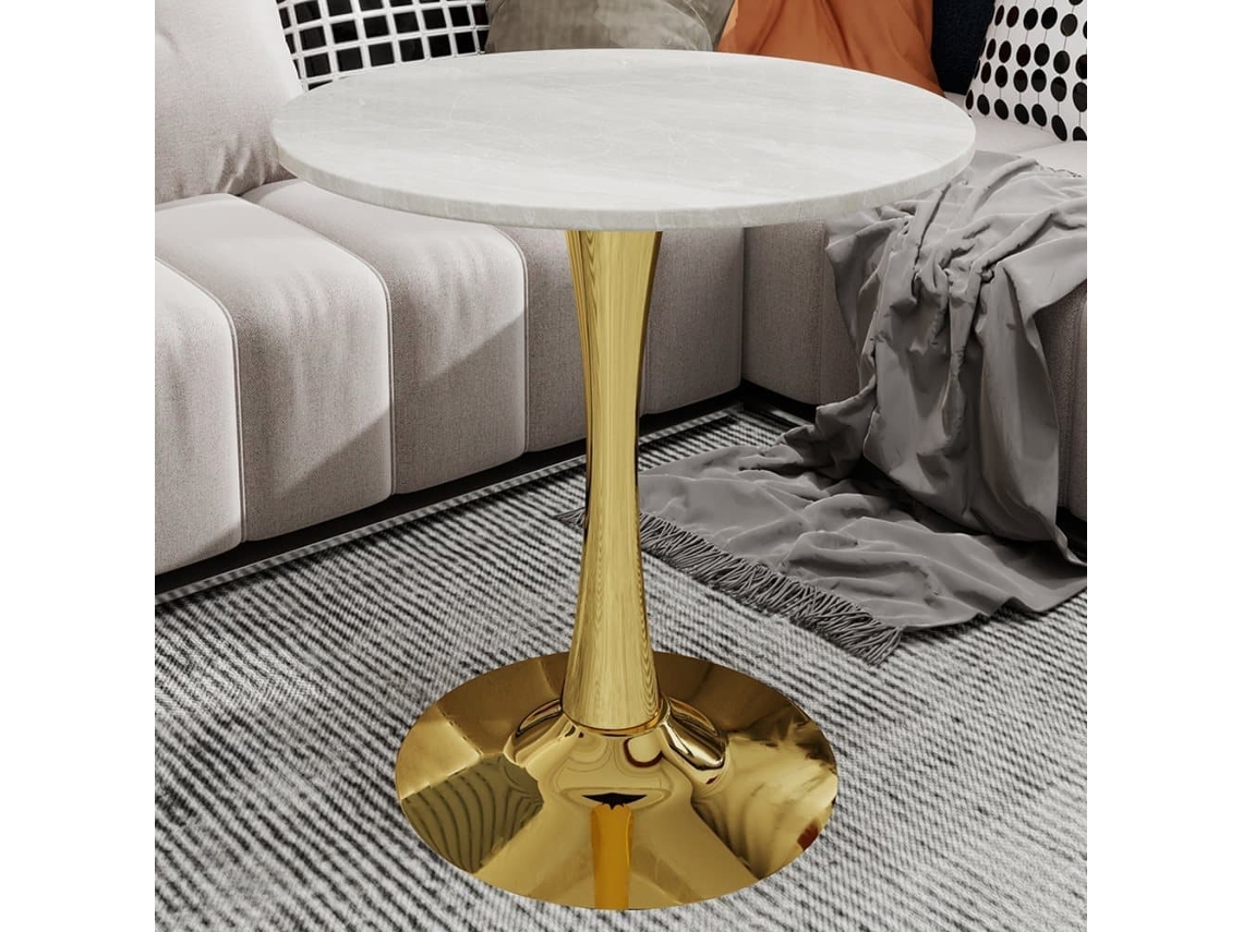 Mesa De Centro 70 Cm - Estilo Mid-century, Tablero Redondo De Mármol - Dorado Y Blanco