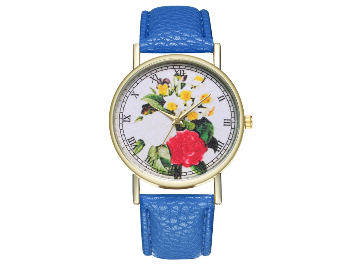 Reloj De Pulsera Unisex Zhoulianfa De Piel Sintética Con Estampado Floral Y Cuarzo, Esfera Redonda Azul.