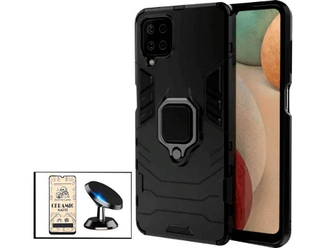 Kit Cristal Templado CeramicGlass Full Cover, Funda 3x1 Miltary Defender y Soporte Magnético de Coche Samsung Galaxy M42 5G PHONECARE Negro