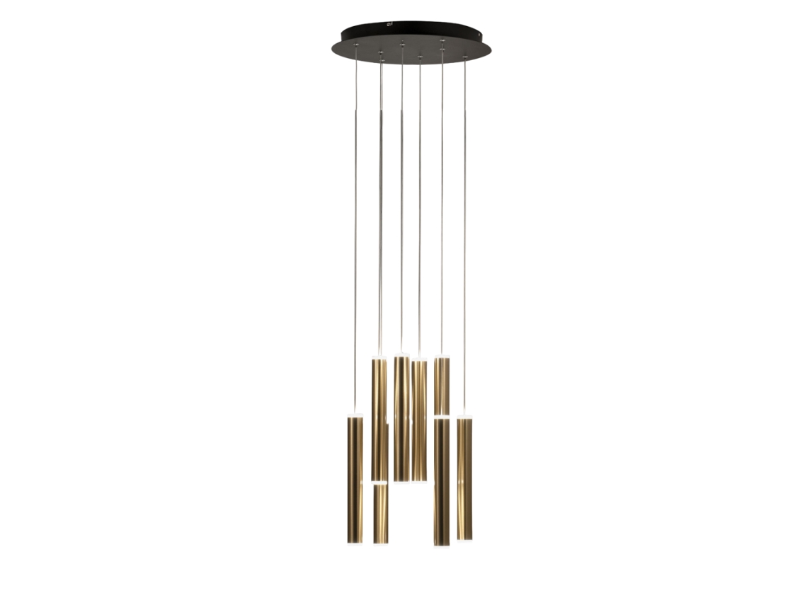Lámpara colgante circular Fabas Luce Prado con 8 bombillas LED regulables de 52 W y florón redondo de latón.