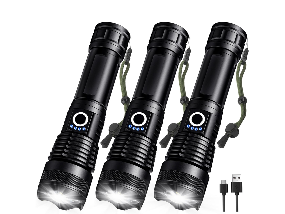 Paquete De 3 Linternas Led Recargables De Alta Potencia, 5 Modos Ajustables, Con Cable Usb, Impermeables, Portátiles, Para Emergencias En Ca