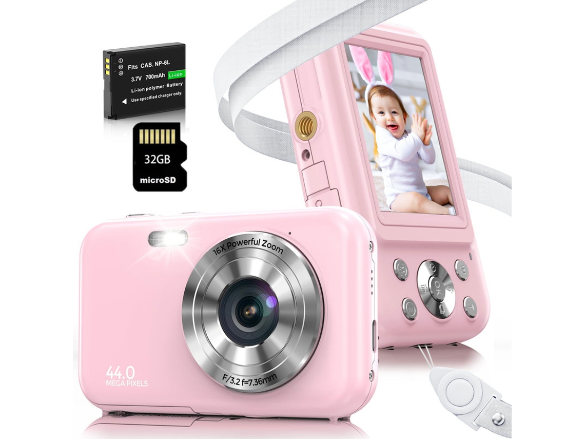 Cámara fotos digital infantil compacta DC406 cámara FDH 44MP Enfoque automático ZOOM 16X Pantalla de 2,4 pulgadas + 32G - Rosa SZSMART