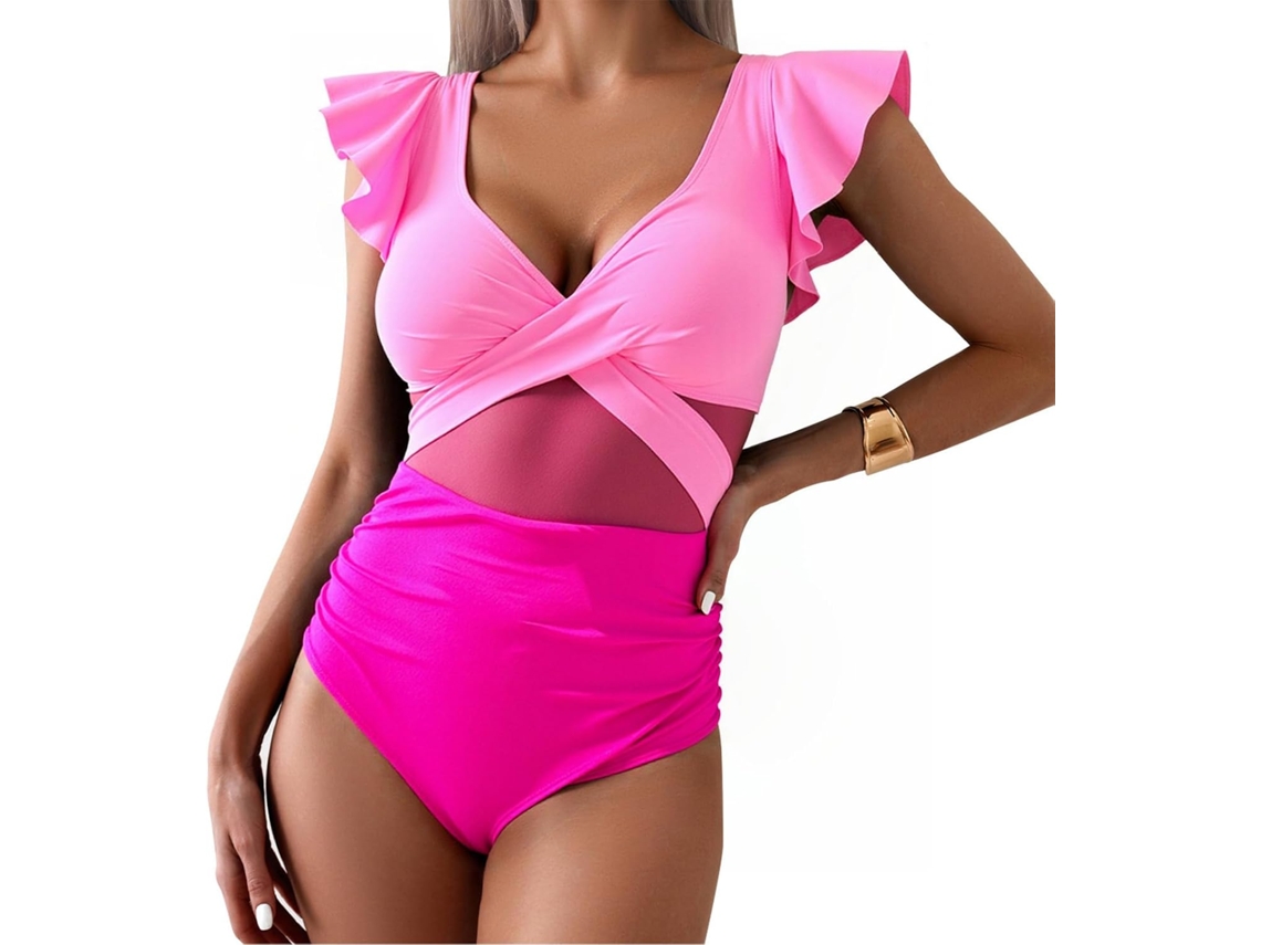 Traje de baño de una pieza para mujer con volantes y escote en V. SFUSHOS