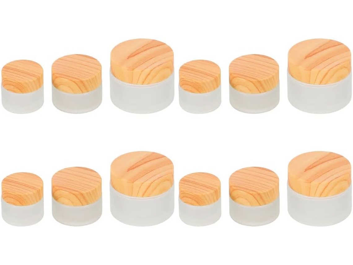 Juego De 12 Frascos De Vidrio Para Viajes Con Tapas Con Efecto Madera, Capacidades De 5 G, 10 G, 30 G, Antipolución Y