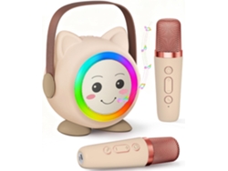Máquina de karaoke infantil (sin marca), con altavoz Bluetooth y micrófono integrado, color rosa.