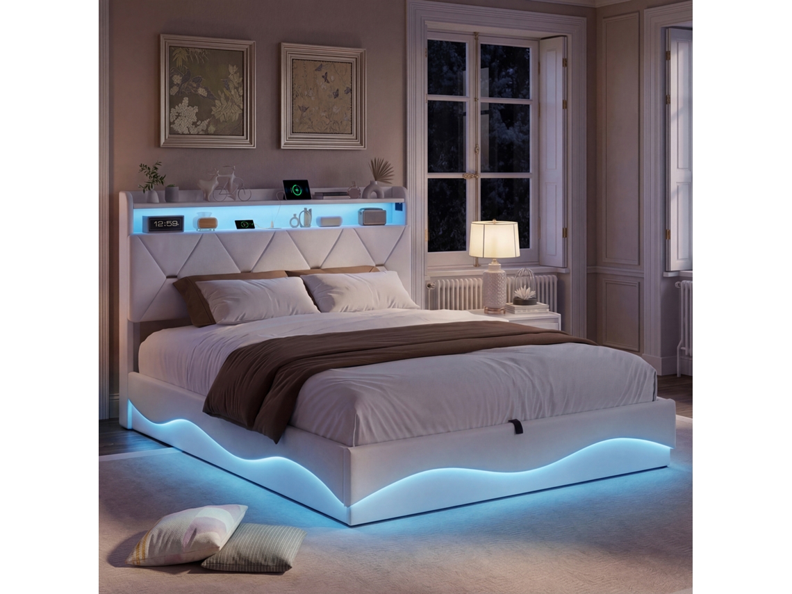 Cama Doble Tapizada De 140 X 200 Cm, Cama Hidráulica Con Led Y Usb Tipo C, Cama Para Apartamentos Pequeños, Beige, Tejido De Terciopelo