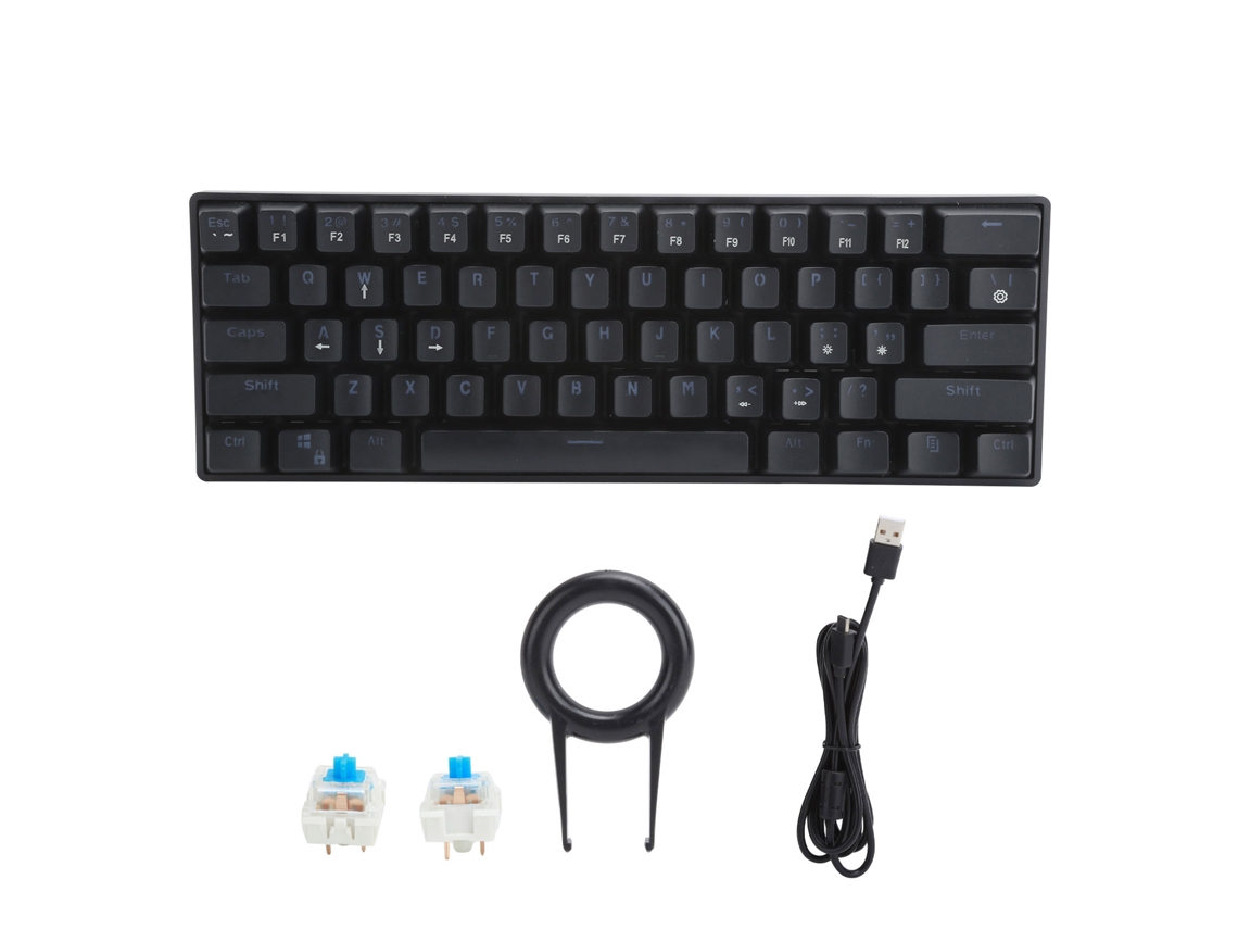 Teclado mecánico con cable de 61 teclas con retroiluminación LED e interruptores azules para juegos y PC.