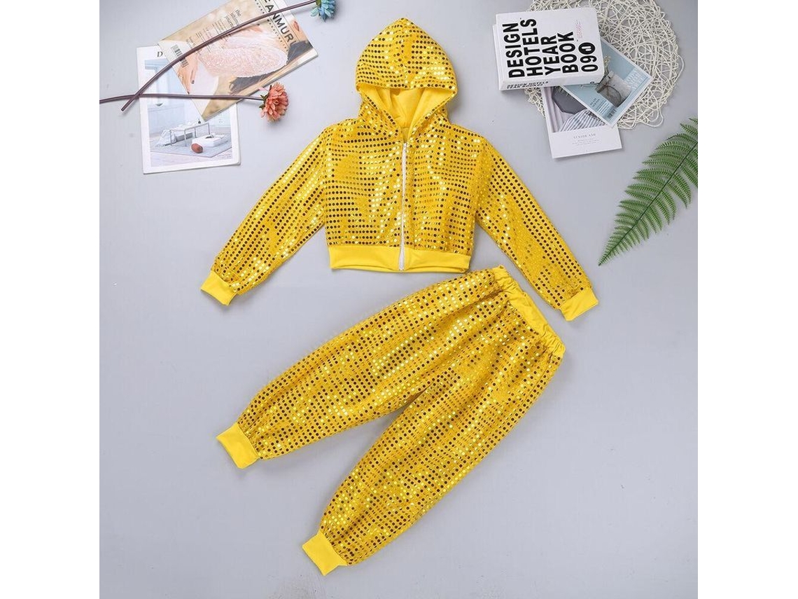 Conjunto de baile Rebe para niños y niñas con cordones brillantes para jazz, hip hop y estilo urbano, que incluye camiseta y pantalón, para edades de 7 a 8 años, color amarillo.