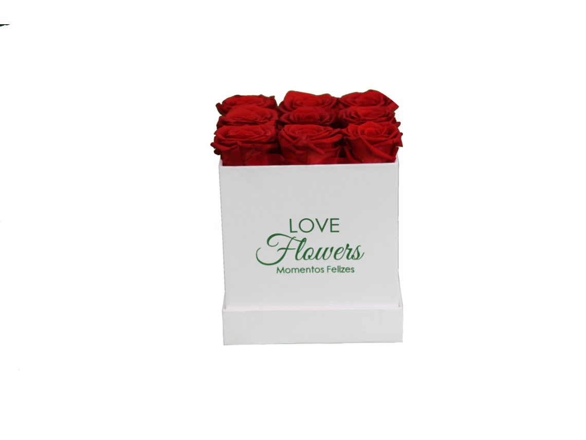 9 rosas rojas preservadas naturales LOVE Flowers en caja cuadrada blanca - Colección Square Rose