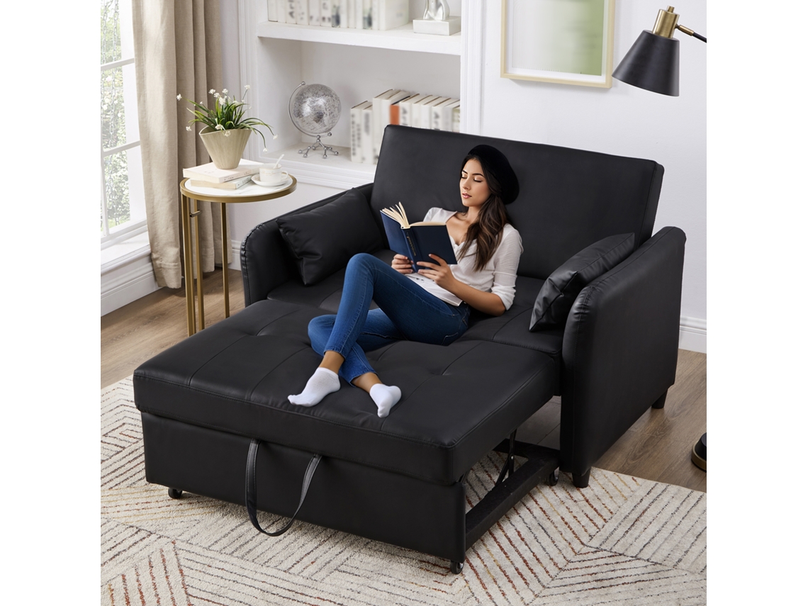 Sofá cama multifuncional de 2 plazas - 3 posiciones reclinables, PU impermeable, convertible - Negro antiguo