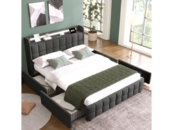 Cama De 160x200 Cm Con Cabecero Con Puerto Usb, Iluminación Led Con Mando A Distancia, 4 Cajones, Somier De Láminas Incluido, Sin Colchón, Color Gris.