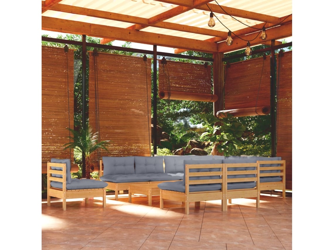 Conjunto de salón de jardín de 11 piezas con cojines grises en pino macizo DKD Home Decor