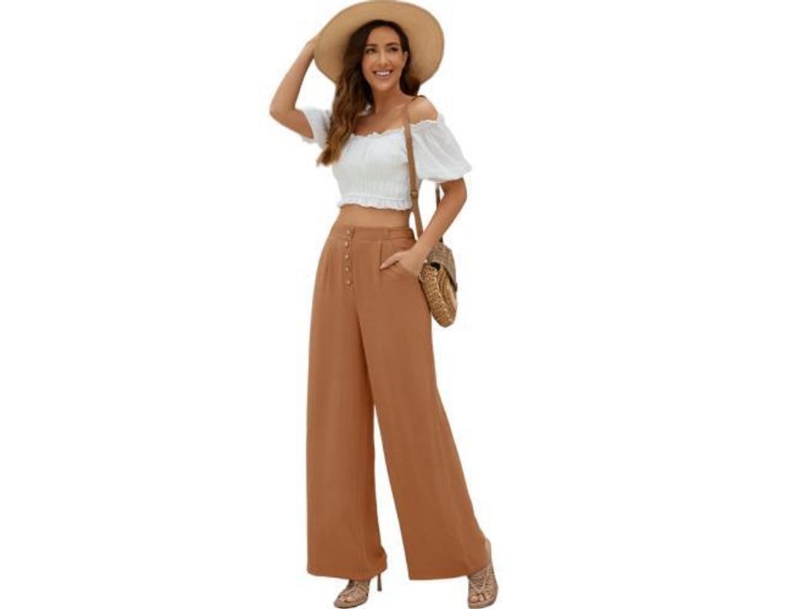 2026-pantalones Anchos De Algodón Y Lino Para Mujer High Waist Con Bolsillos Verano Flowy Casual Xxl Camello