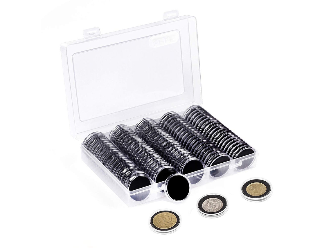 Juego de 100 cápsulas para monedas Noonedibs de 30 mm con espuma protectora en 5 tamaños (17/20/25/27/30 mm)