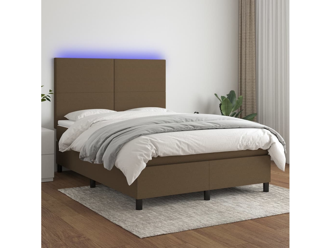 Cama Box Spring Colchón Luces Led Tela Marrón Oscuro 140x190 Cm