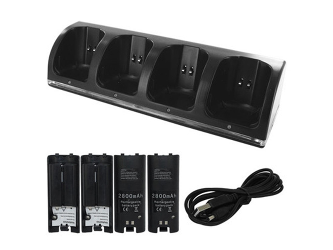 MEOIRUERY Cargador para Mando Wii Remote, Estación de Carga 4 en 1 con 4 Baterías Recargables de 2800mAh para Mando Wii/Wii U - Negro