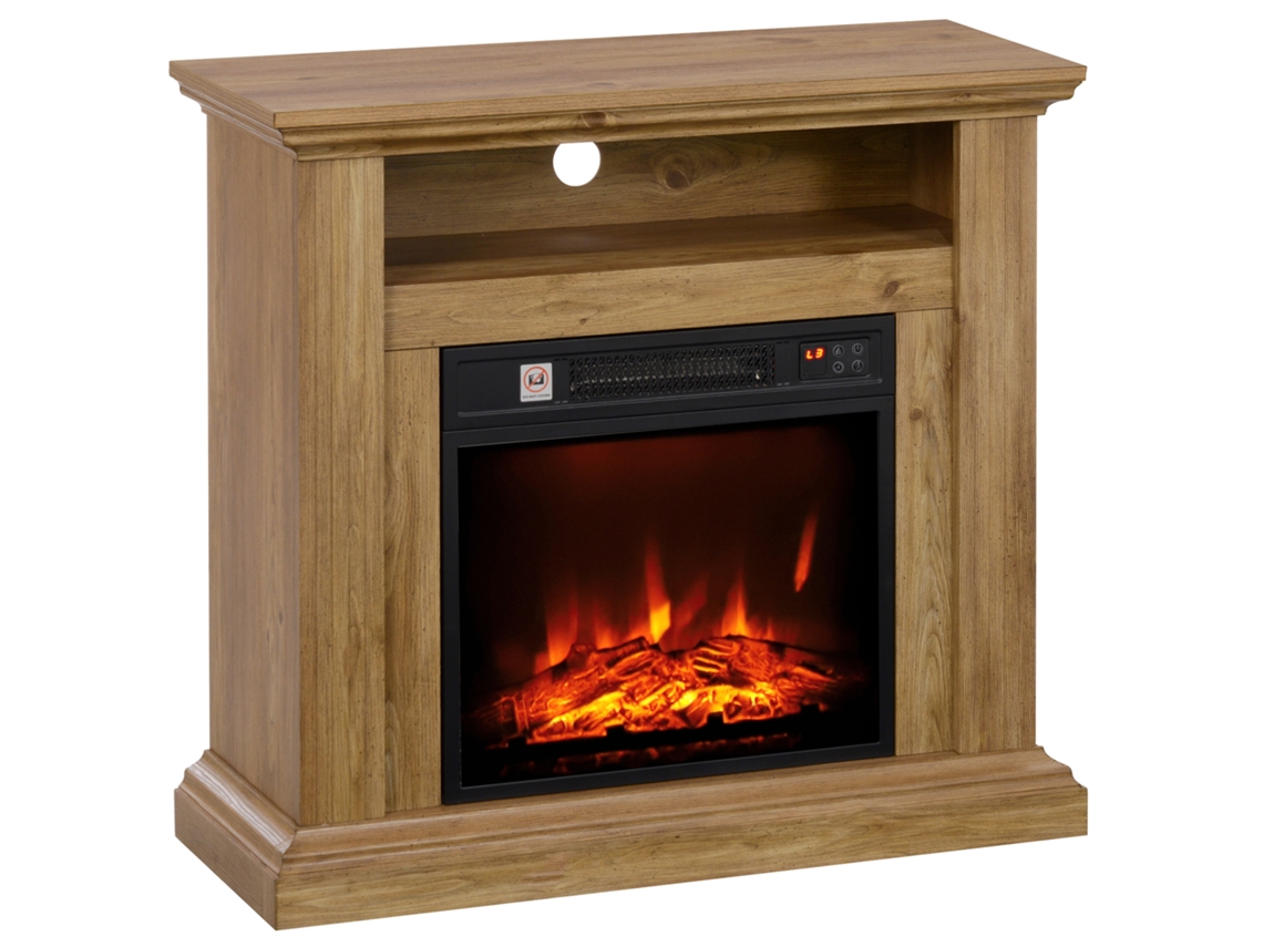 Chimenea eléctrica con efecto de llama 3D, brillo regulable, 1800 W, con mando a distancia, 81,5 x 30 x 76,2 cm, efecto madera marrón.