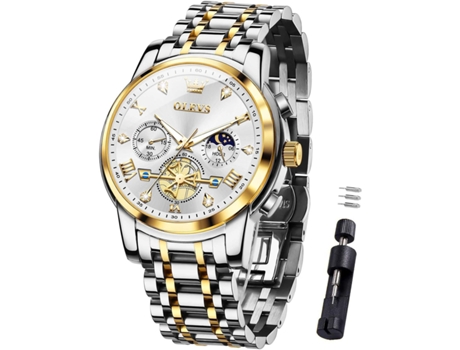 VEANXIN Reloj de cuarzo resistente al agua con cronógrafo de acero inoxidable y fase lunar para hombre(Oro Blanco)