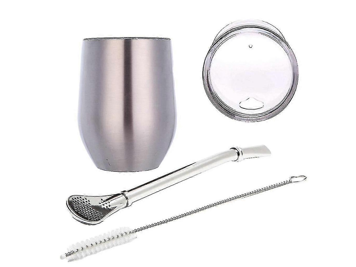 Set De Taza Mate De Acero Inoxidable Doble Pared Con Tapa Cuchara Bombilla Y Cepillo De Limpieza 12oz