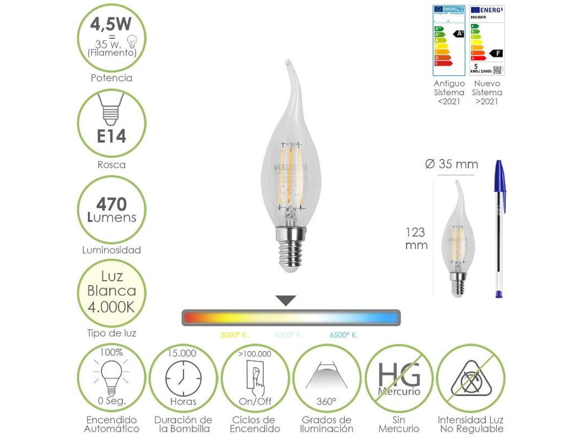 Bombilla led filamento vela llama e14. 4,5 watt. equivale a 35 watt. 470 lumenes. luz neutra 4000  k.