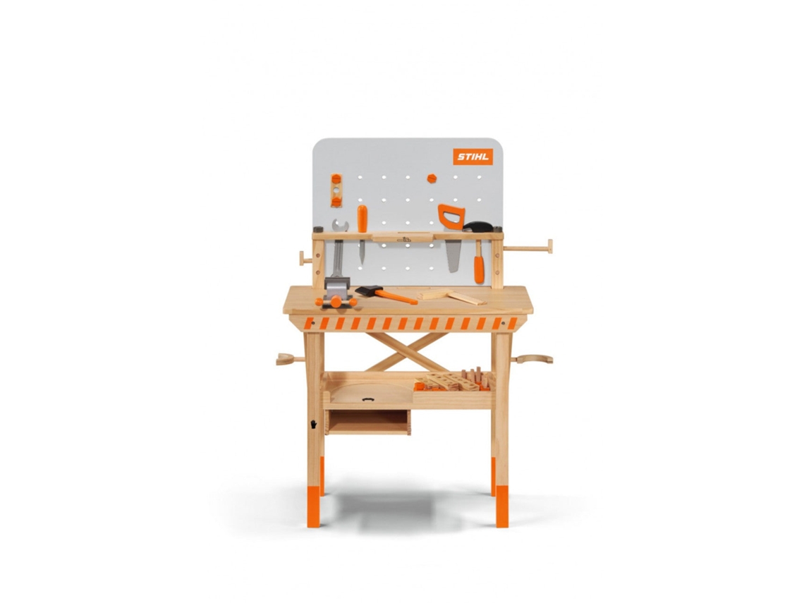 Banco de trabajo de madera Vedes para niños con herramientas de juguete de madera.