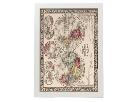 NACNIC Pósters Geográficos En Estilo Vintage El Mundo En Hemisferios Ilustraciones De Antiguos Mapamundis En Tonos Sepia Tamaño A4, Con Marco Negro