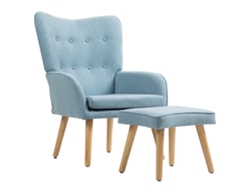 Sillón con reposapiés, sillón de lectura, respaldo alto, tapicería capitoné, madera, lino azul claro.