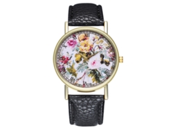 Reloj De Pulsera De Cuarzo Para Mujer Con Correa De Piel Sintética, Estilo Floral Sencillo, Negro.